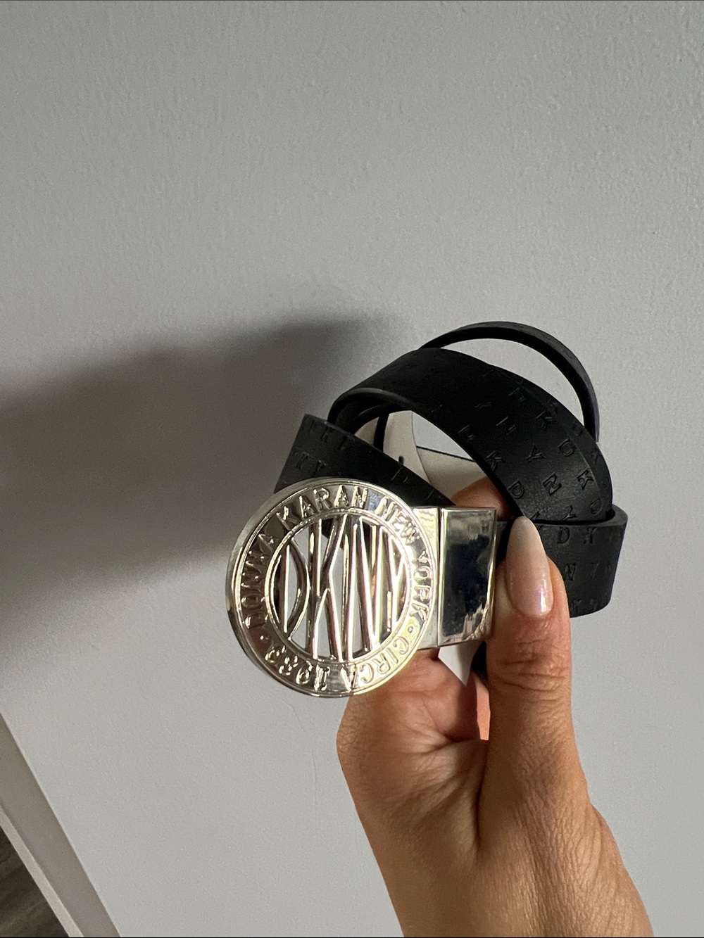 Donna Karan Black Logo Belt with Silver Medallion Buckle size 1x